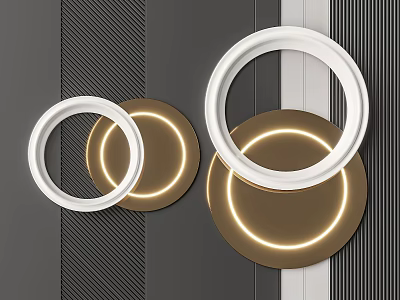 Modern Wall Decor Round White Rings With Gold Circular Illuminated Bases On Textured Dark Background 3d model