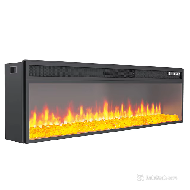 Modern Black Long Design Fireplace With Realistic Flames And Glass Front 3d model 