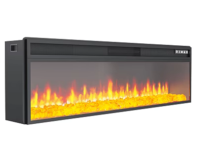 Modern Black Long Design Fireplace With Realistic Flames And Glass Front 3d model
