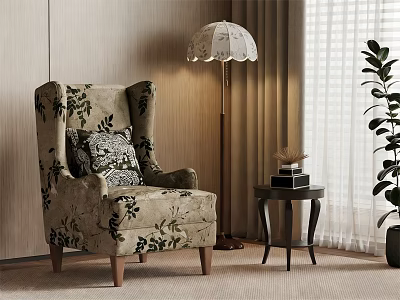 Cozy Floral Patterned Armchair With White Floor Lamp Side Table Green Plant And Light Curtains 3d model