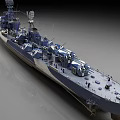 Blue And White Warship 3D Model With Radar Guns And Upper Structure Side View 3d model