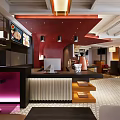 Modern Café Interior With Upper Level Seating Comfortable Chairs Geometric Floor And Hanging Lights