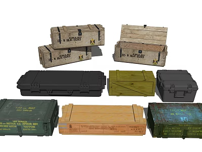 Vintage Wooden Crates And Modern Metal Storage Boxes In Assorted Colors And Sizes 3d model