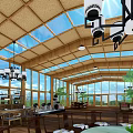 Villa Balcony With Wooden Ceiling Skylights And Large Windows Natural Light Green Plants And Furniture