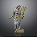 Decorative Ceramic Female Sculpture with Patterned Dress Head Ornament and Plant Bundle