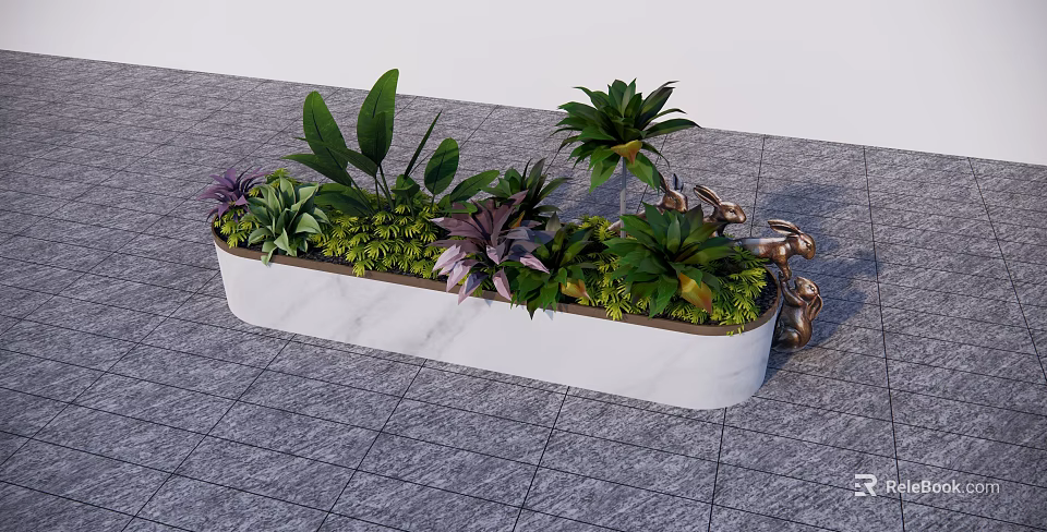 White Marble Rectangular Flower Planter With Green Leaves Purple Foliage And Metal Decoration Outdoor 3d model 