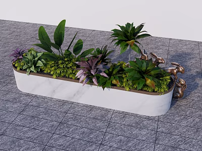 White Marble Rectangular Flower Planter With Green Leaves Purple Foliage And Metal Decoration Outdoor 3d model