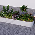 White Marble Rectangular Flower Planter With Green Leaves Purple Foliage And Metal Decoration Outdoor