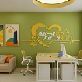 Warm Office Space with Green Walls Decorative Paintings Sofa Desk Office Chairs and Computer