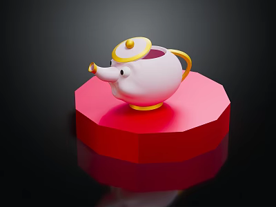 White Teapot With Yellow Accents On Red Hexagonal Platform And Black Background 3d model