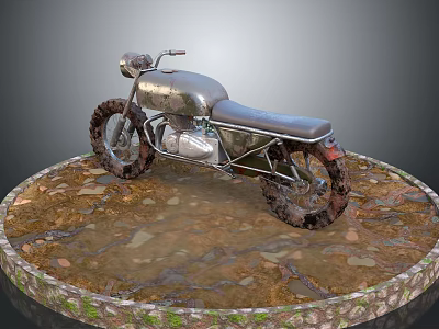 Vintage Silver Motorcycle With Rusty Tires On Round Stone Platform Surrounded By Pebbles And Moss 3d model