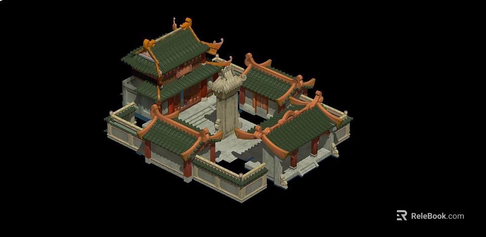 Traditional Chinese Ancient Architecture with Green Tiled Roofs Ornate Eaves and Courtyard Design 3d model 
