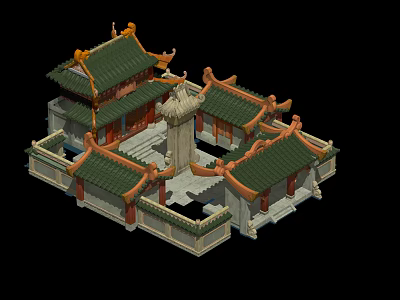 Traditional Chinese Ancient Architecture with Green Tiled Roofs Ornate Eaves and Courtyard Design 3d model