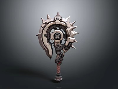 Detailed Mechanical Spiked Warhammer Weapon With Circular Metal Design And Grip Handle 3d model