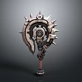 Detailed Mechanical Spiked Warhammer Weapon With Circular Metal Design And Grip Handle
