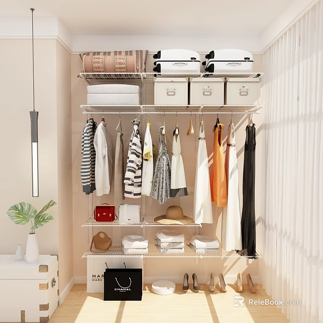 Organized Modern Closet With Hanging Clothes Storage Boxes Hat Bag Folded Clothes And Shoes 3d model 