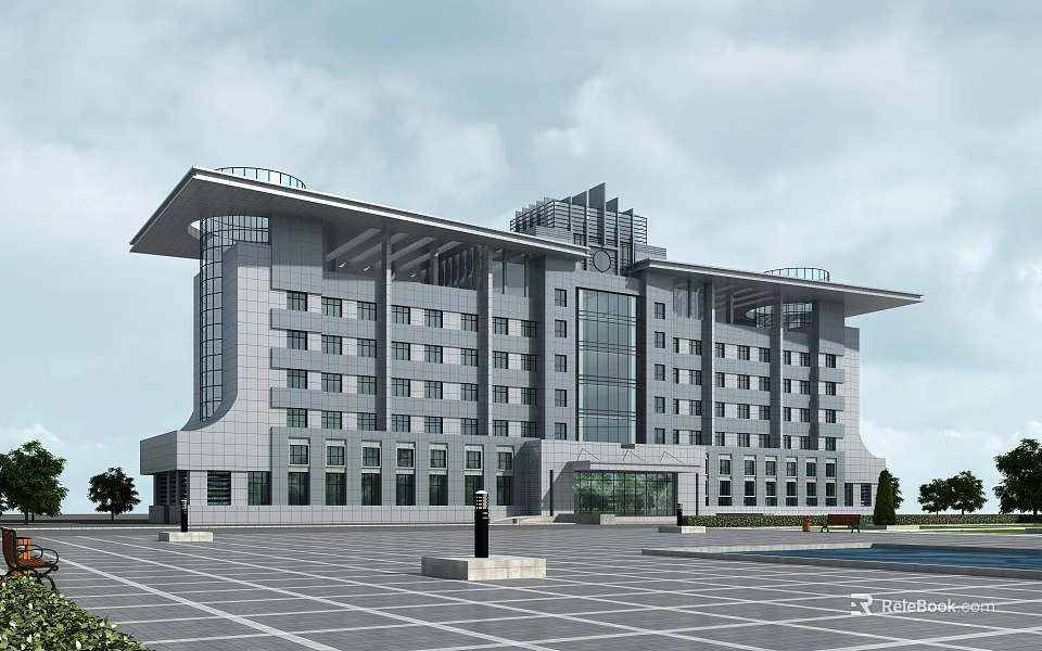 Modern Office Building Exterior With Glass Curtain Walls And Spacious Parking Lot 3d model 
