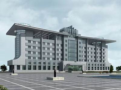 Modern Office Building Exterior With Glass Curtain Walls And Spacious Parking Lot 3d model