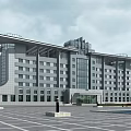Modern Office Building Exterior With Glass Curtain Walls And Spacious Parking Lot