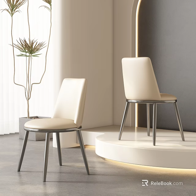 Modern Beige Dining Chairs With Metal Legs And Plant Decoration In Minimalist Interior 3d model 