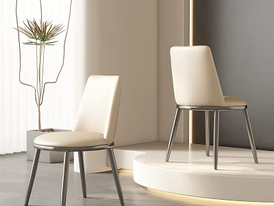 Modern Beige Dining Chairs With Metal Legs And Plant Decoration In Minimalist Interior 3d model