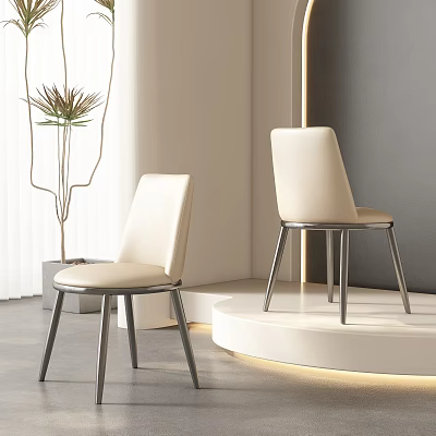 Modern Beige Dining Chairs With Metal Legs And Plant Decoration In Minimalist Interior 3d model