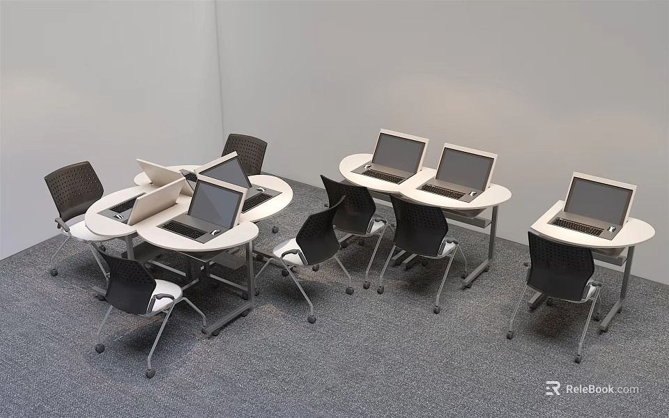 Round Conference Tables With Laptops And Black Chairs In Modern Office 3d model 