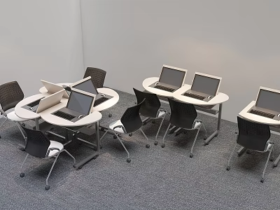 Round Conference Tables With Laptops And Black Chairs In Modern Office 3d model