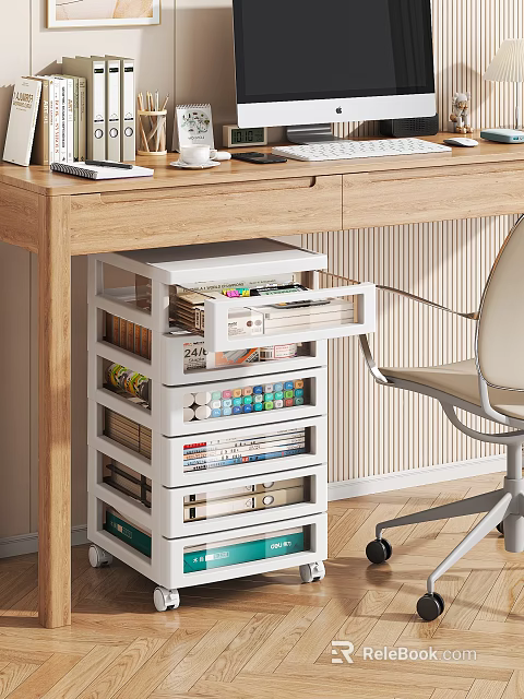 Wooden Desk With White Multi Layer Storage Shelf For Magazines And Stationery 3d model 