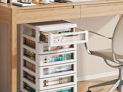 Wooden Desk With White Multi Layer Storage Shelf For Magazines And Stationery 3d model