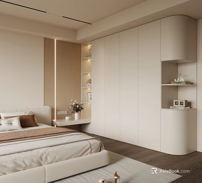Modern White Wardrobe Design In Bedroom With Lighting And Storage Shelves 3d model 