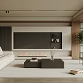 Modern Living Room with White Sofa Fireplace TV Wall Wooden Coffee Table and Green Plant