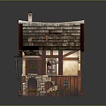 Cartoon Scene of Charming Wooden Cottage with Tiled Roof Stone Staircase and Flower Beds