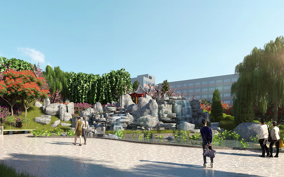 Scenic Park Landscape With Rock Waterfall Stone Path Green Trees And Pedestrians Walking 3d model 
