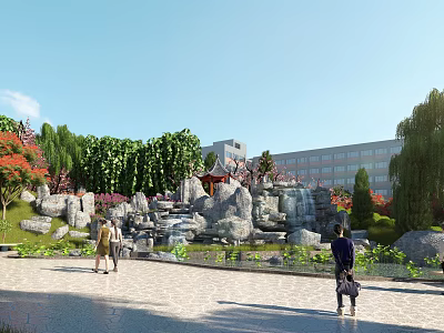 Scenic Park Landscape With Rock Waterfall Stone Path Green Trees And Pedestrians Walking 3d model