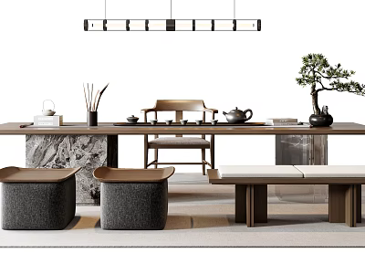 Modern Tea Table And Chairs With Wooden Frame Marble Top Teapot Bonsai Tree Hanging Lamp 3d model