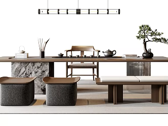 Modern Tea Table and Chair Combination Stool Bench Type Chandelier Acrylic Tea Table Plant Potted Tea Set 3d model