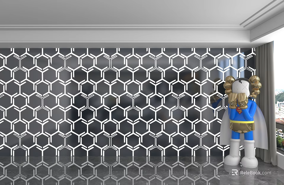 Hexagonal Patterned Metallic Background Wall With Glossy Surface And Plush Toy 3d model 