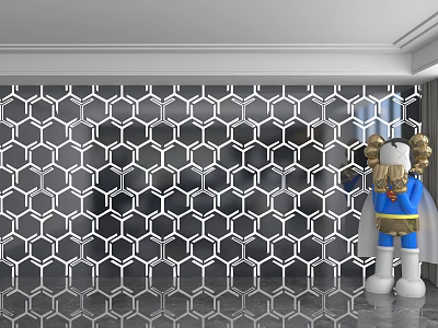 Hexagonal Patterned Metallic Background Wall With Glossy Surface And Plush Toy 3d model