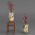 Plants With Pink Flowers In Two Different Height Vases On Wooden Stand And Ground