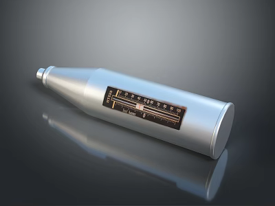 Silver Metallic Bottle Shaped Weapon With Reflective Surface And Label Design 3d model