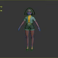 Child 3D Character with Purple Hair Yellow Shirt Blue Shorts and Black Shoes