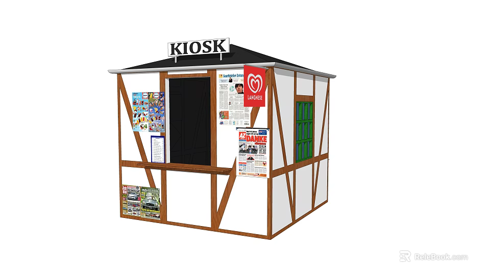Small Kiosk Design With Black Roof White Brown Panels And Advertisement Posters 3d model 