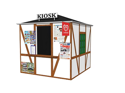 Small Kiosk Design With Black Roof White Brown Panels And Advertisement Posters 3d model