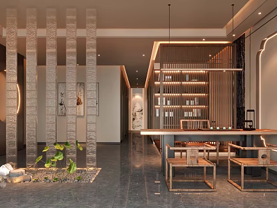 Modern Chinese Teahouse Interior with Wooden Furniture Vertical Screens and Plants 3d model