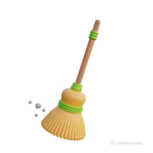 Household Cleaning Broom With Wooden Handle Green Bands Yellow Bristles And Dust Particles 3d model 