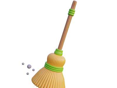 Household Cleaning Broom With Wooden Handle Green Bands Yellow Bristles And Dust Particles 3d model