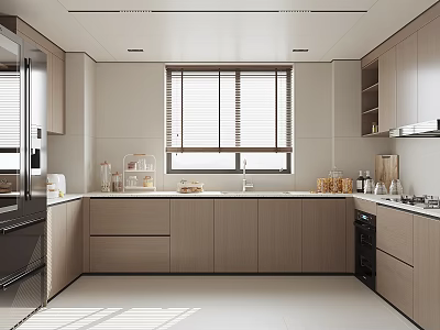 Modern Kitchen Interior Design With Light Wooden Cabinets Window Countertop And Appliances 3d model