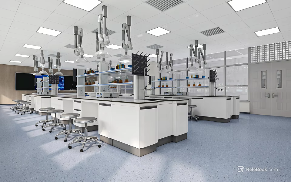 School Modern Laboratory With Fume Hoods Lab Benches And Stools 3d model 