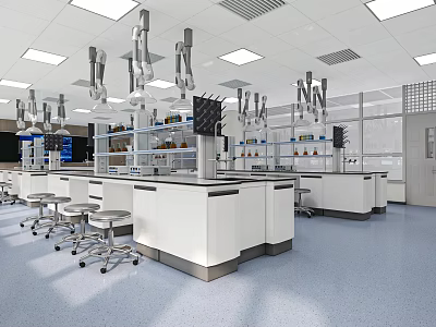 School Modern Laboratory With Fume Hoods Lab Benches And Stools 3d model